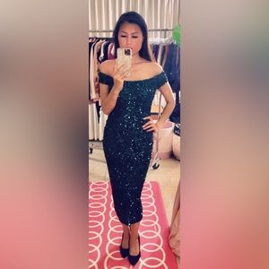 Windsor Jade Green Off The Shoulder Prom Formal Party Midi Sequin Sparkly Dress